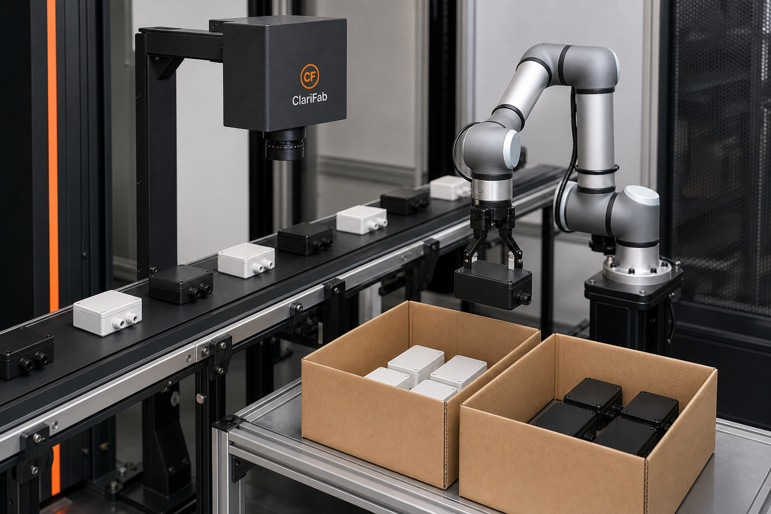 ClariFab camera and robot sorting white and black electrical enclosures into cardboard cartons