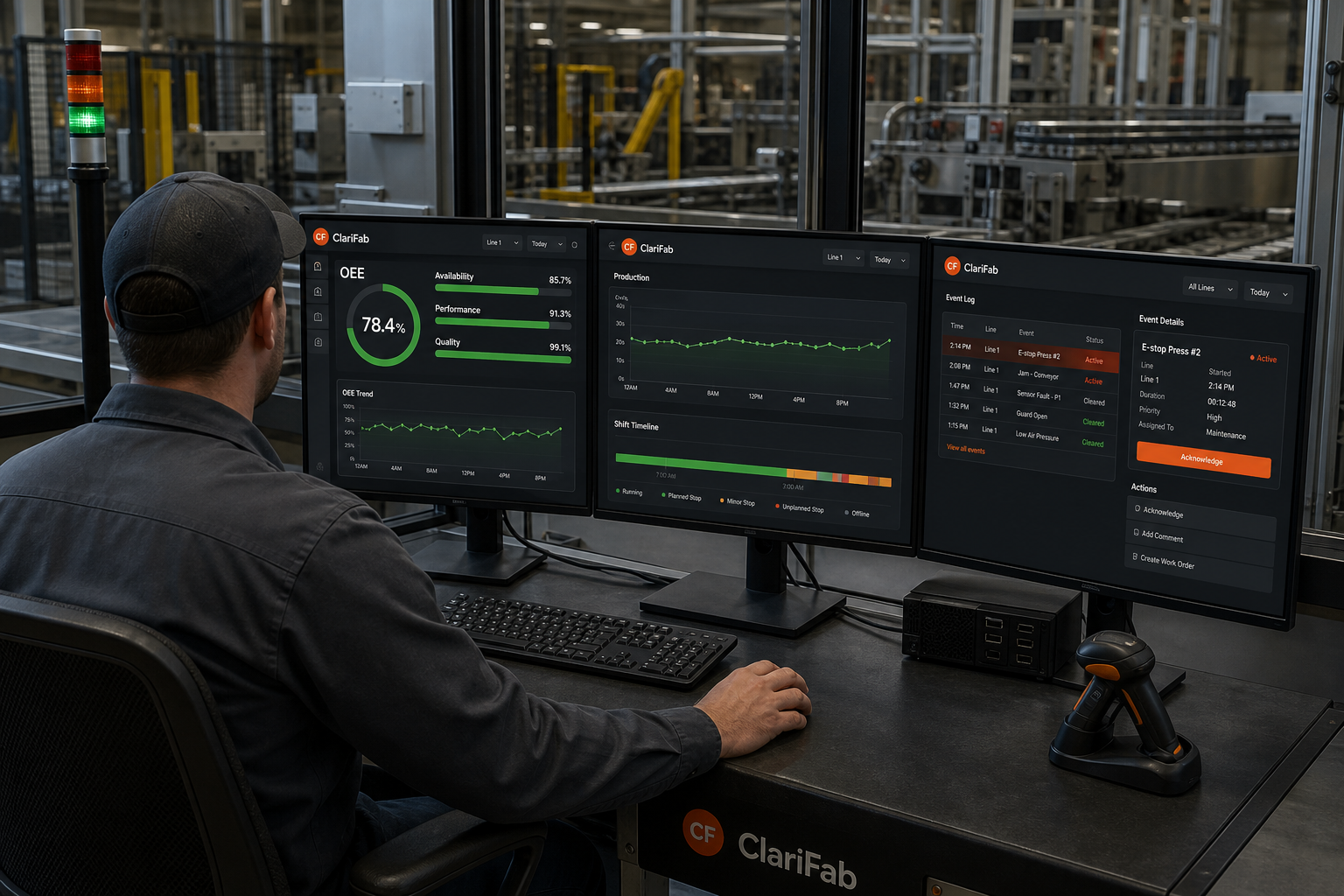 Operator using a ClariFab custom OEE and production intelligence workstation