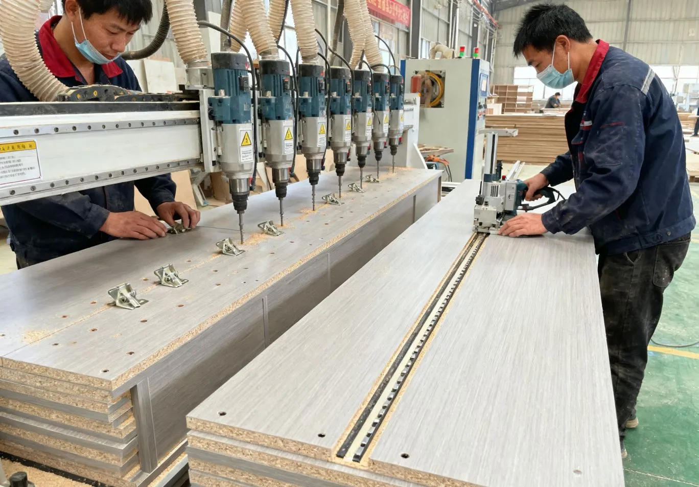 Multi-spindle industrial machine drilling laminated particleboard furniture panels