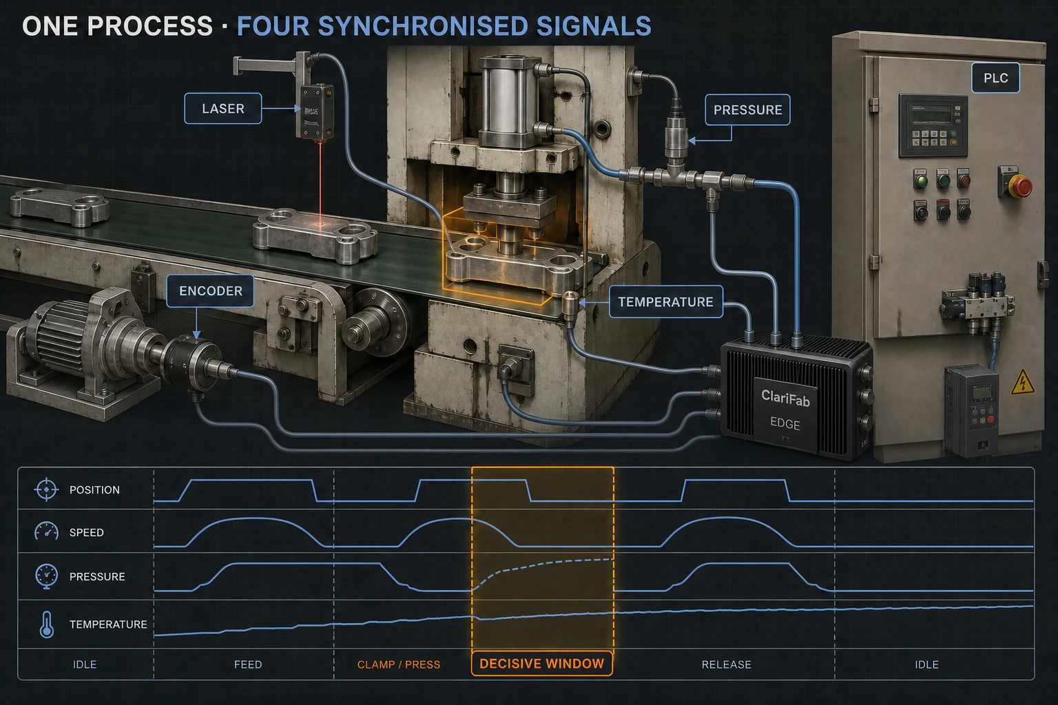 Production line instrumented with laser, encoder, pressure and temperature sensors correlated by cycle phase